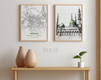 Masjid An Nabawi & Medina Map Art Set - Detailed Green Dome Sketch and City Streets Blueprint - Elegant Islamic Decor for Home and Office