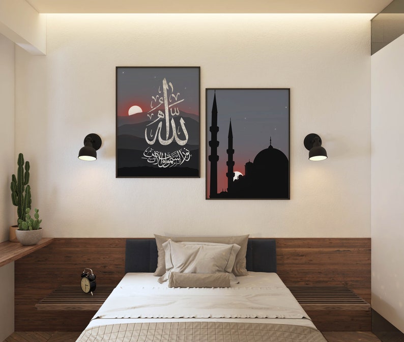 2 Sets Islamic Printable Boho Wall Art, Arabic Calligraphy Poster & Masjid Silhouette Ramadan Aesthetic Home Decor, Mosque Art, Living Room image 2