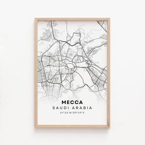 Carte de la ville monochrome de La Mecque en téléchargement numérique - affiche imprimable dessin au trait noir et blanc classique - décoration islamique intemporelle - Art minimaliste