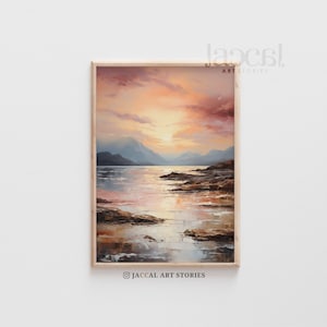 Coast Sunset Landscape Oil Painting, Impressionism Sunset Printable Art, Sunset Ocean Wall Art, Abstract Colorful Clouds and Sea, Home Decor
