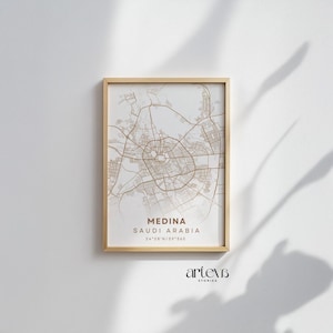 Mapa de la ciudad de Medina: Arte mural islámico con coordenadas de la Mezquita del Profeta (Masjid An-Nabawi) / Póster minimalista de líneas marrones / Decoración islámica moderna para el hogar imprimible