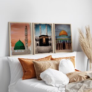 3 Piece Printable Wall Art of Islamic Landmarks Kaaba Mecca Dome of the Rock and Masjid Nabawi Medina, Ramadan Decor, Islam Downloadable Art image 7