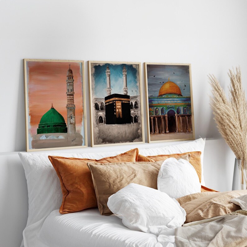 3 Piece Printable Wall Art of Islamic Landmarks Kaaba Mecca Dome of the Rock and Masjid Nabawi Medina, Ramadan Decor, Islam Downloadable Art image 7