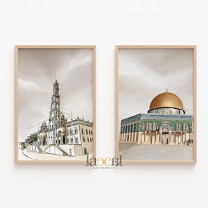 Set of 2 Islamic Digital Art Prints: Dome of The Rock (Palestine) & Masjid Tarim (Yemen) in Aesthetic Calm Brown Tone - Islamic Wall Art image 3
