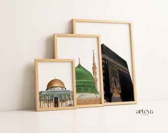 Islamic Landmark Wall Art Set of 3 | Kaaba Masjid Nabawi Dome of the Rock | Digital Download Muslim Decor | Islamic Architecture Print Set