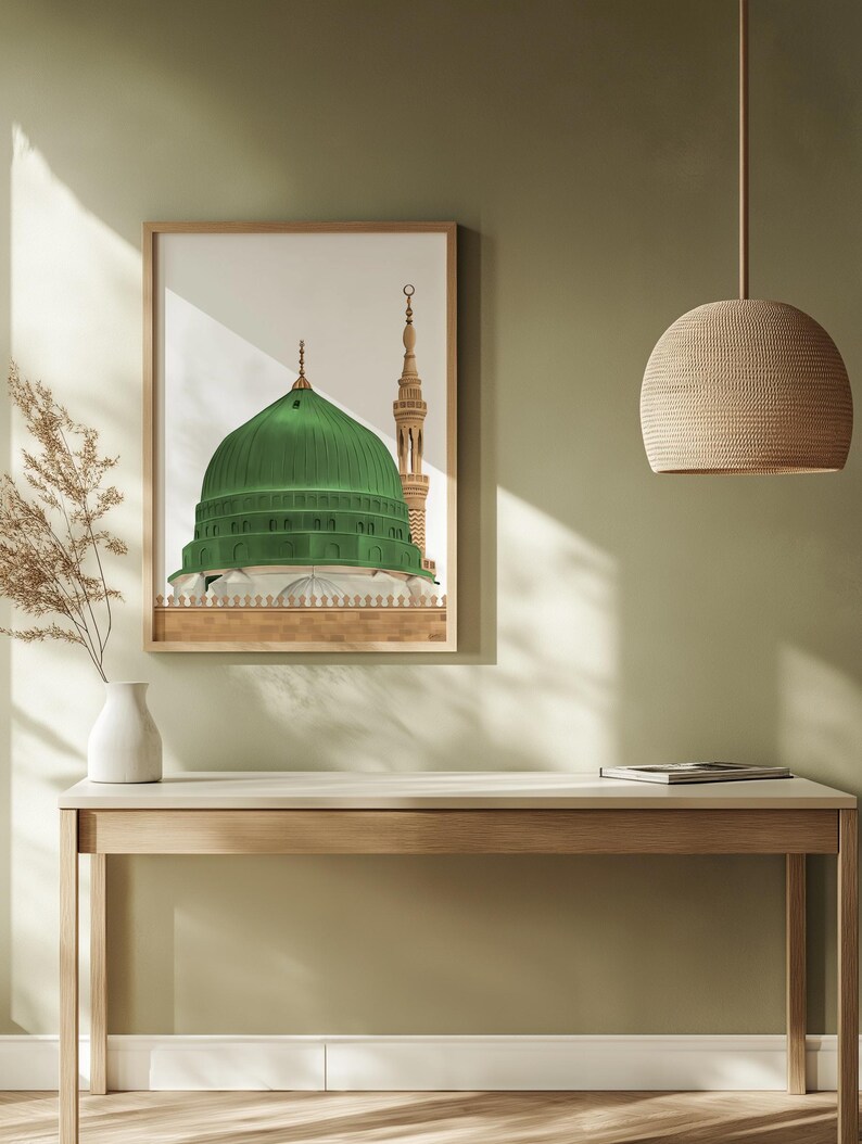 Digital painting illustration Masjid an-Nabawi Medina (Madinah), The green dome of Muhammad Mosque, Morocco home decor, Islamic wall decor image 4