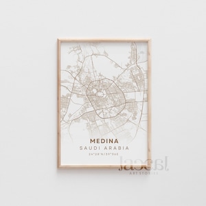 Islamitische medina-stadskaart - afdrukbare brown line art poster - digitaal medina-straatbeeld met coördinaten Masjid An-Nabawi