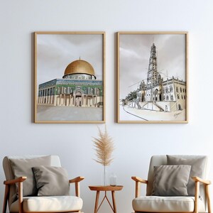 Set of 2 Islamic Digital Art Prints: Dome of The Rock (Palestine) & Masjid Tarim (Yemen) in Aesthetic Calm Brown Tone - Islamic Wall Art image 4