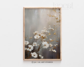 Vintage Floral Printable Art: White Flowers & Golden Leaves - Soft, Atmospheric Oil Painting Style with Minimalistic Brushstrokes for Decor
