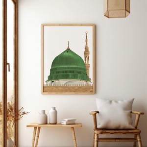 Digital painting illustration Masjid an-Nabawi Medina (Madinah), The green dome of Muhammad Mosque, Morocco home decor, Islamic wall decor image 5