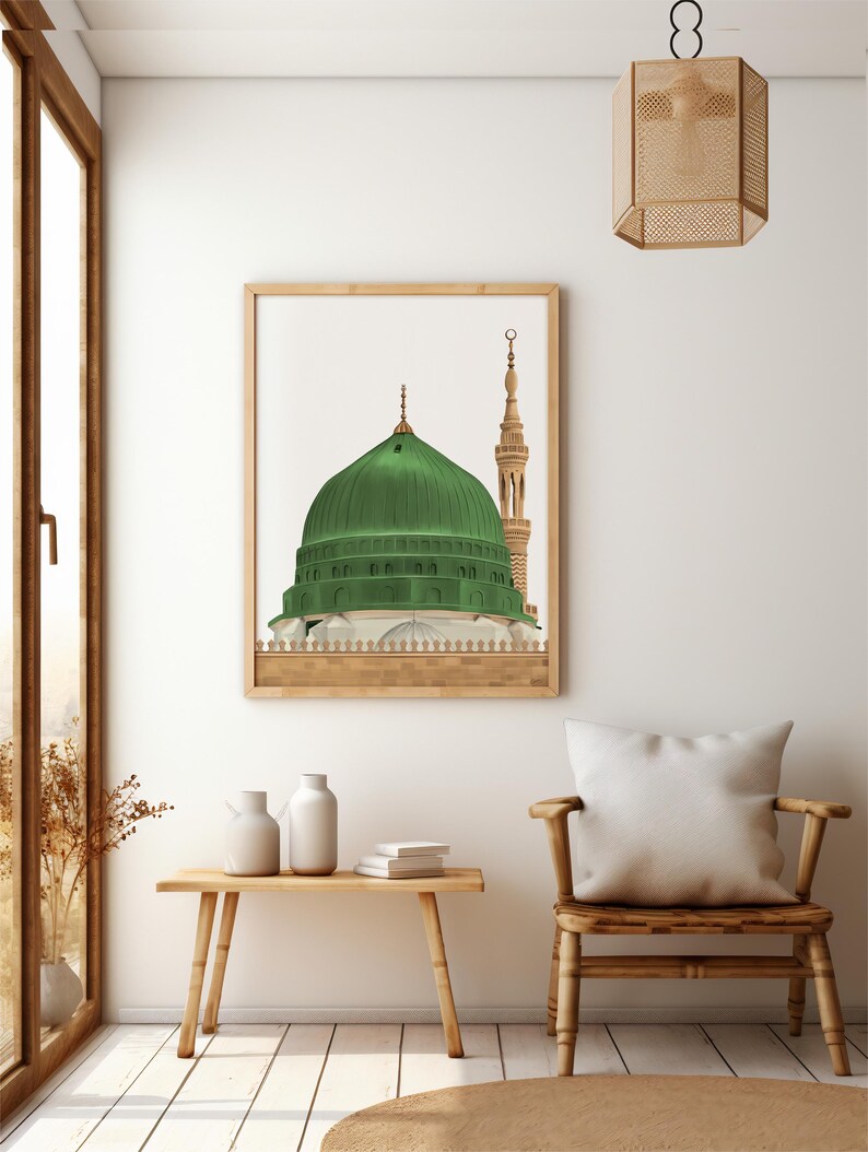 Digital painting illustration Masjid an-Nabawi Medina (Madinah), The green dome of Muhammad Mosque, Morocco home decor, Islamic wall decor image 5