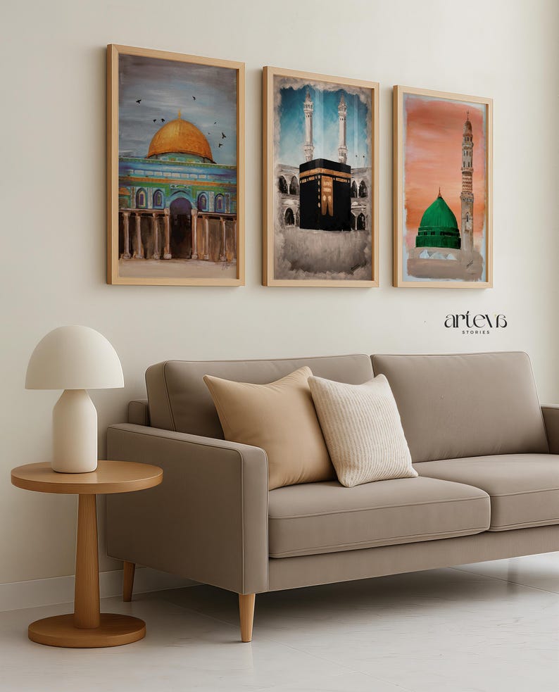 3 Piece Printable Wall Art of Islamic Landmarks Kaaba Mecca Dome of the Rock and Masjid Nabawi Medina, Ramadan Decor, Islam Downloadable Art image 6