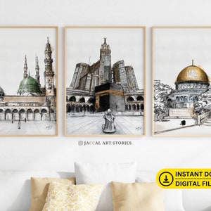 3 Islamic Landmarks Wall Art Set Kaaba Mecca Dome of the Rock Masjid Nabawi Digital Sketch Watercolor Painting Islam Wall Decor Downloadable