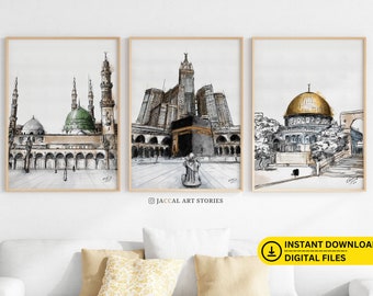 3 Islamic Landmarks Wall Art Set Kaaba Mecca Dome of the Rock Masjid Nabawi Digital Sketch Watercolor Painting Islam Wall Decor Downloadable