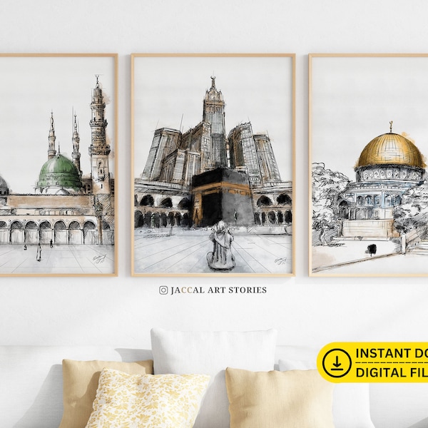 3 monuments islamiques Wall Art Set Kaaba Mecca Dôme du Rocher Masjid Nabawi Digital Sketch Aquarelle Peinture Islam Wall Decor Téléchargeable