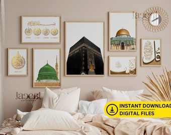 Set of 7 Islamic Wall Art Printable Arabic Calligraphy & Islam Landmarks in Modern Beige Gold, Mecca Aesthetic Room Decor Ramadan