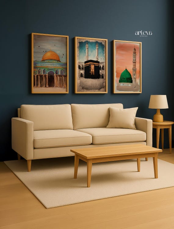 3 Piece Printable Wall Art of Islamic Landmarks Kaaba Mecca Dome of the Rock and Masjid Nabawi Medina, Ramadan Decor, Islam Downloadable Art