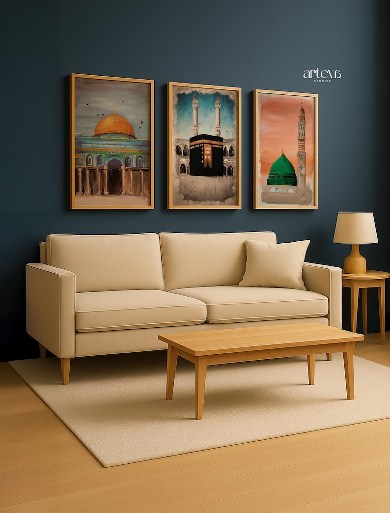3 Piece Printable Wall Art of Islamic Landmarks Kaaba Mecca Dome of the Rock and Masjid Nabawi Medina, Ramadan Decor, Islam Downloadable Art image 1