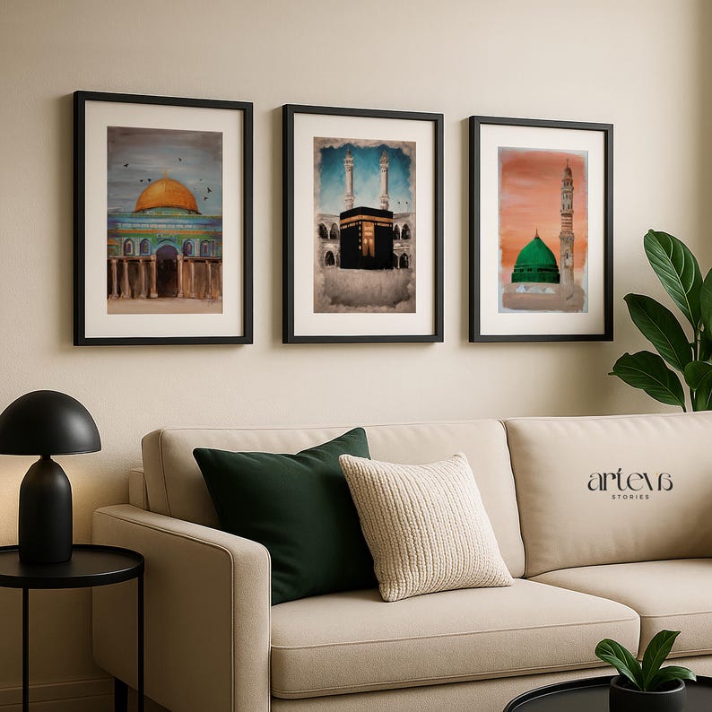 3 Piece Printable Wall Art of Islamic Landmarks Kaaba Mecca Dome of the Rock and Masjid Nabawi Medina, Ramadan Decor, Islam Downloadable Art image 4