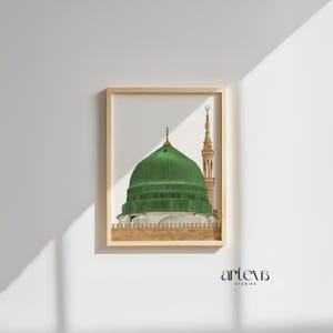 Digital painting illustration Masjid an-Nabawi Medina (Madinah), The green dome of Muhammad Mosque, Morocco home decor, Islamic wall decor