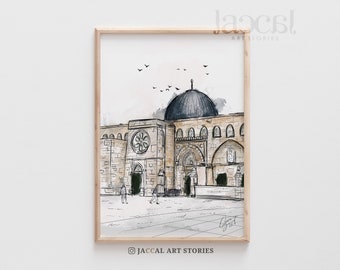 The Real Masjid Al Aqsa Digital Sketch Painting, Masjidil Aqsa Palestine, Morocco home decor, Al Aqsa Mosque Downloadable Art