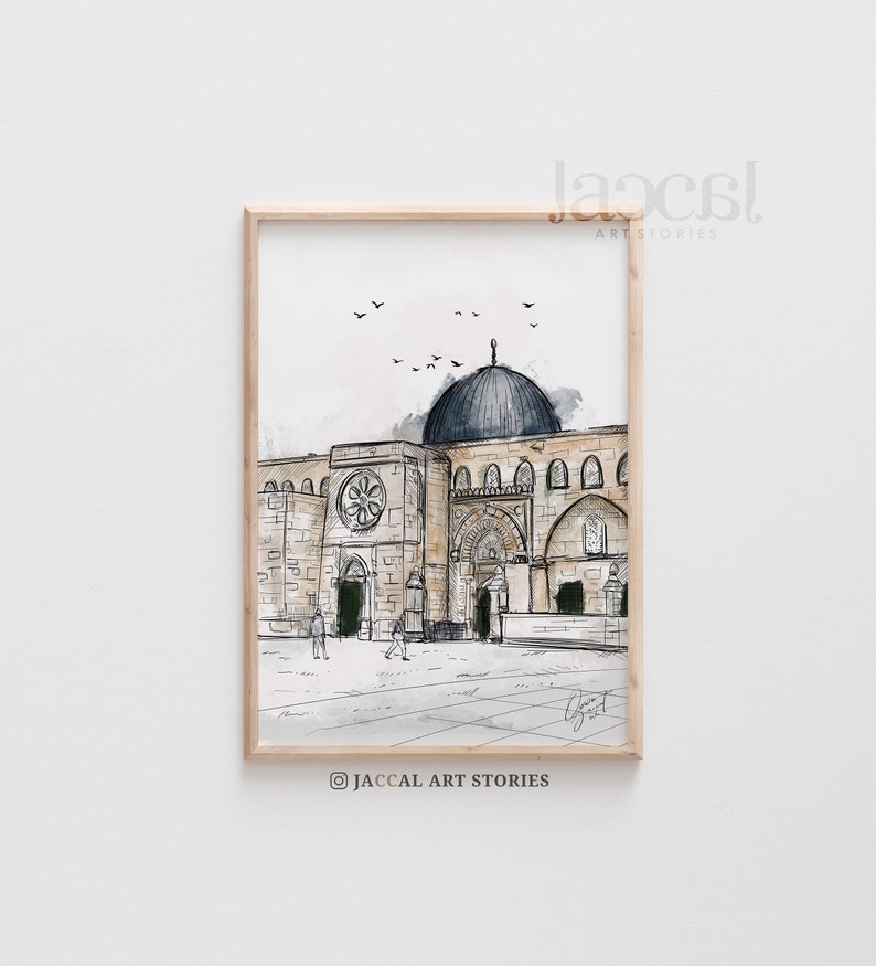 The Real Masjid Al Aqsa Digital Sketch Painting, Masjidil Aqsa Palestine, Morocco home decor, Al Aqsa Mosque Downloadable Art image 1