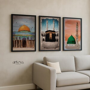 3 Piece Printable Wall Art of Islamic Landmarks Kaaba Mecca Dome of the Rock and Masjid Nabawi Medina, Ramadan Decor, Islam Downloadable Art image 2