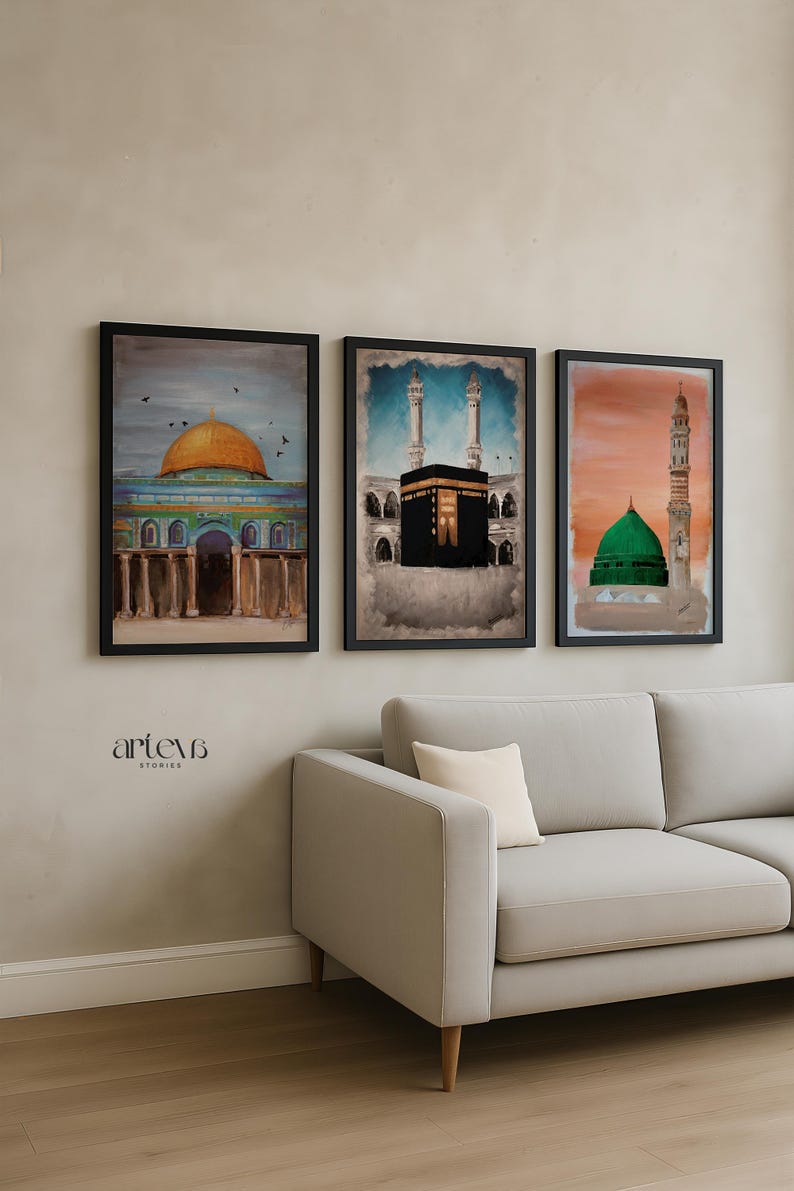 3 Piece Printable Wall Art of Islamic Landmarks Kaaba Mecca Dome of the Rock and Masjid Nabawi Medina, Ramadan Decor, Islam Downloadable Art image 2