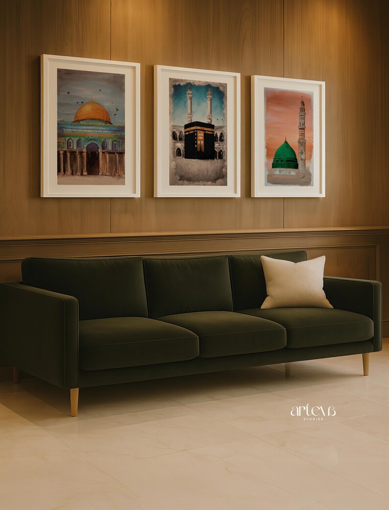 3 Piece Printable Wall Art of Islamic Landmarks Kaaba Mecca Dome of the Rock and Masjid Nabawi Medina, Ramadan Decor, Islam Downloadable Art image 5