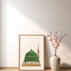 Digital painting illustration Masjid an-Nabawi Medina (Madinah), The green dome of Muhammad Mosque, Morocco home decor, Islamic wall decor image 6