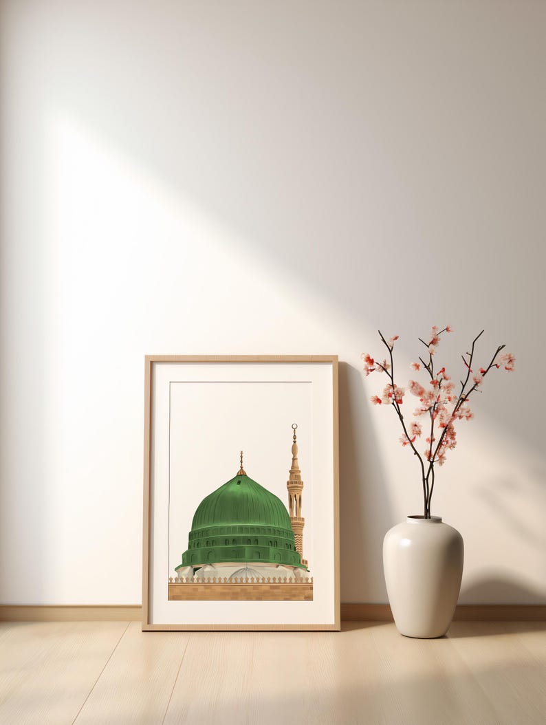 Digital painting illustration Masjid an-Nabawi Medina (Madinah), The green dome of Muhammad Mosque, Morocco home decor, Islamic wall decor image 6