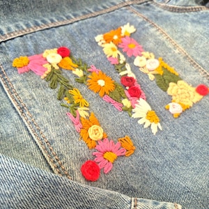 Personalized Kids Denim Jacket, Hand Embroidered Floral Initial