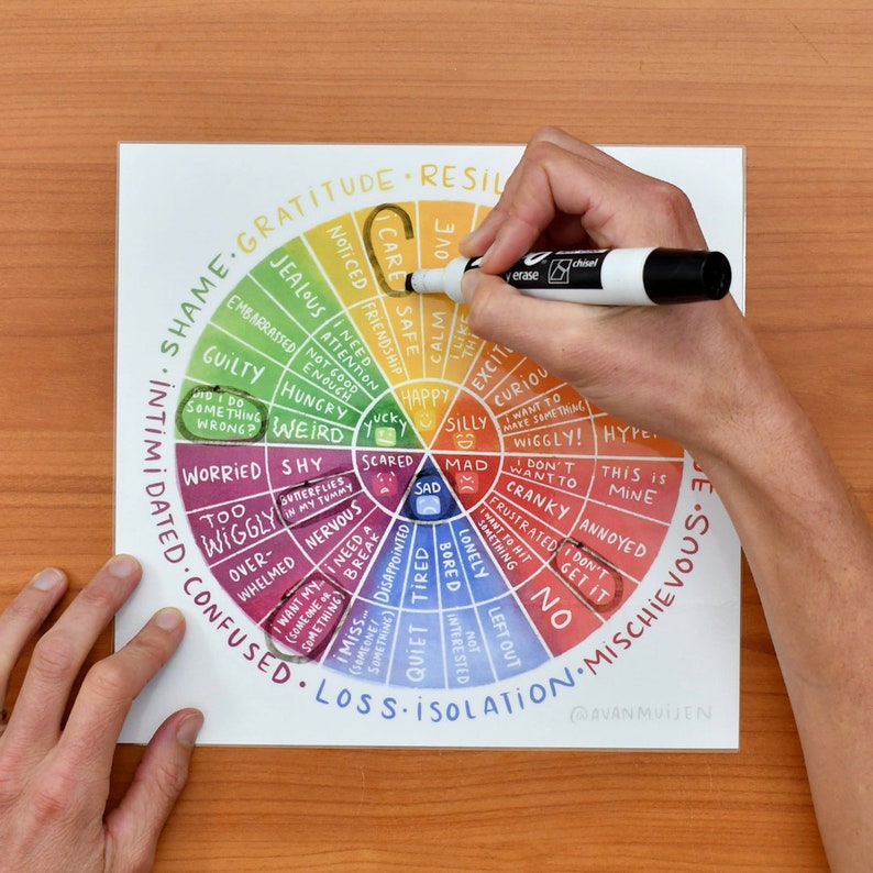 May include: A colourful wheel chart with the words "SHAME", "INTIMIDATED", "CONFUSED", "LOSS", "ISOLATION", "MISCHIEVOUS", "GRATITUDE", "RESILIENCE", and "CARE" around the outside. The centre of the wheel has the words "SAD", "MAD", "HAPPY", "YUCKY", "SCARED", "SILLY", "EXCITED", "CURIOUS", "HYPE", "ANNOYED", "DON'T GET IT", "NO", "LEFT OUT", "NOT INTERESTED", "BORED", "LONELY", "FRUSTRATED", "CRANKY", "WIGGLY", "DON'T WANT TO", "WEIRD", "HUNGRY", "NOT GOOD ENOUGH", "ATTENTION NEEDED", "JEALOUS", "NOTICED", "FRIENDSHIP", "SAFE", "CALM", "LIKE THIS", "LOVE", "CARE".