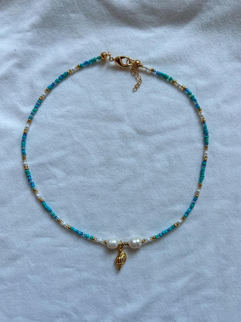 Ocean Dreams Beaded Necklace | Gold Charm Necklace | Gold Plated Necklace | Beads Choker | Pearl Jewellery | Summer Jewelry | Jewellery Gift image 1