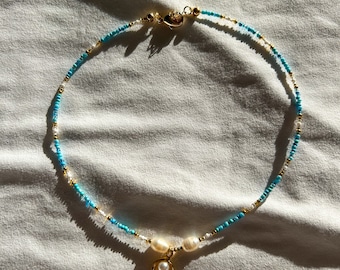 Coastal Summer Beaded Necklace | Pearl Necklace | Charm Necklace | Gold Plated Necklace | Non Tarnish Jewellery | Beaded Jewelry |Gold Charm