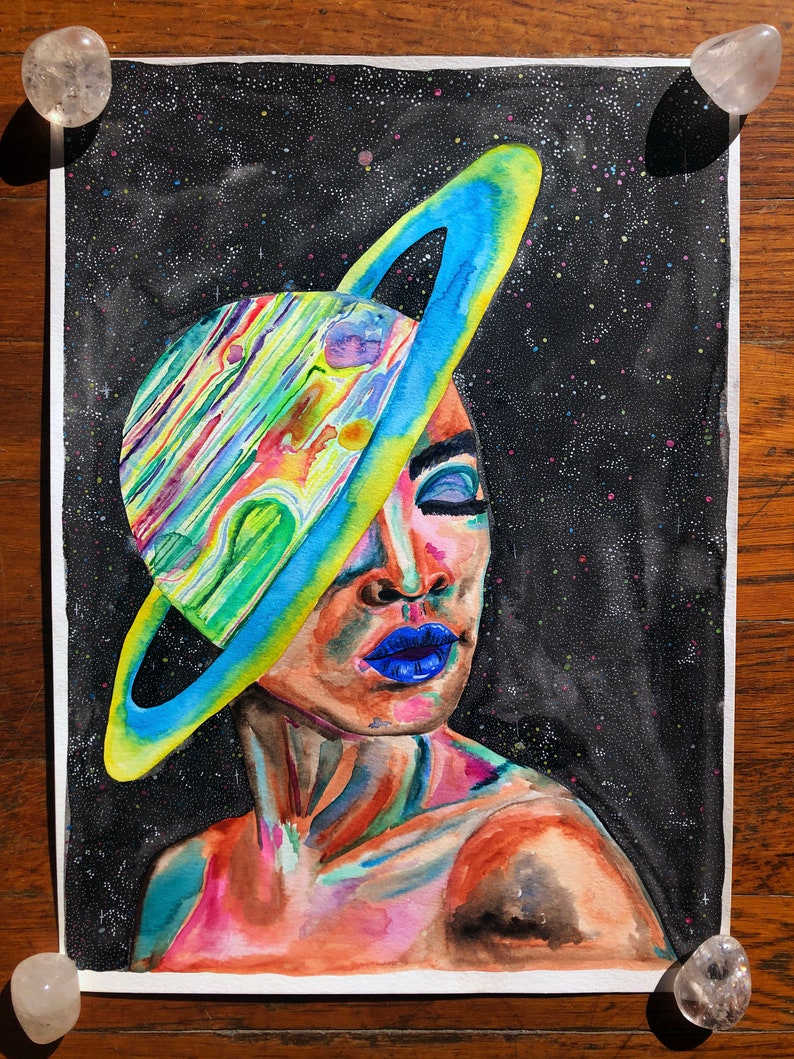 Saturn Girl Watercolor Painting, Planetary Painting, Astronomy Art, Psychedelic Art, Trippy Art,Trippy Space Art,Astrology Art,Gifts for her image 2
