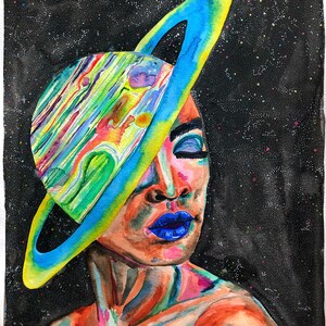 Saturn Girl Watercolor Painting, Planetary Painting, Astronomy Art, Psychedelic Art, Trippy Art,Trippy Space Art,Astrology Art,Gifts for her image 3