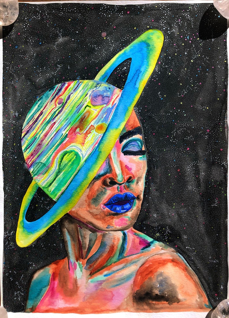 Saturn Girl Watercolor Painting, Planetary Painting, Astronomy Art, Psychedelic Art, Trippy Art,Trippy Space Art,Astrology Art,Gifts for her image 3