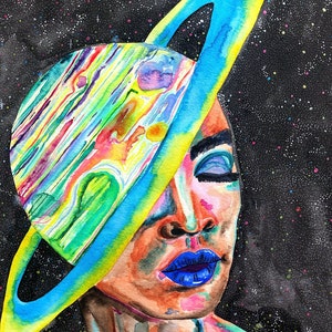 Saturn Girl Watercolor Painting, Planetary Painting, Astronomy Art, Psychedelic Art, Trippy Art,Trippy Space Art,Astrology Art,Gifts for her image 4