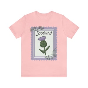 Scotland T-shirt Scottish Thistle Stamp | Unisex Jersey Short Sleeve Tee Pink