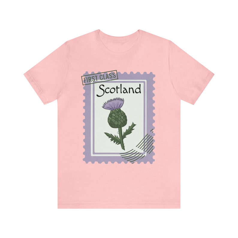 Scotland T-shirt Scottish Thistle Stamp | Unisex Jersey Short Sleeve Tee Pink
