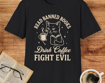 Read Banned Books Cat Shirt – Funny Coffee & Book Tee for Cat Lovers, Librarians, and Rebels