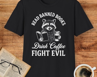 Read Banned Books Raccoon T-Shirt: Funny Librarian Coffee Lover Tee
