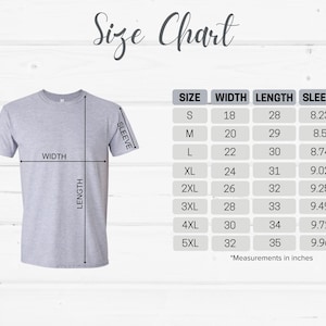 May include: A light gray t-shirt with a size chart. The chart displays measurements in inches for width, length, and sleeve length, ranging from size small to 5XL. The text "Size Chart" is at the top.