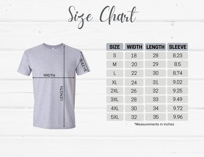 May include: A light gray t-shirt with a size chart. The chart displays measurements in inches for width, length, and sleeve length, ranging from size small to 5XL. The text "Size Chart" is at the top.