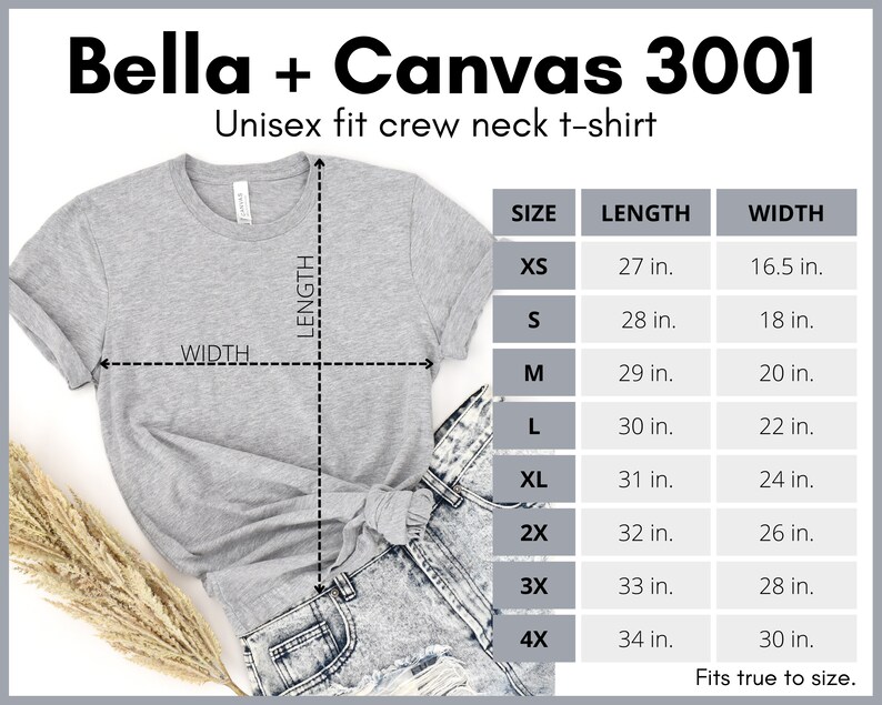 May include: A heather grey unisex fit crew neck t-shirt from Bella + Canvas 3001. The image includes a size chart with measurements in inches for sizes XS to 4X. The shirt is paired with denim jeans.