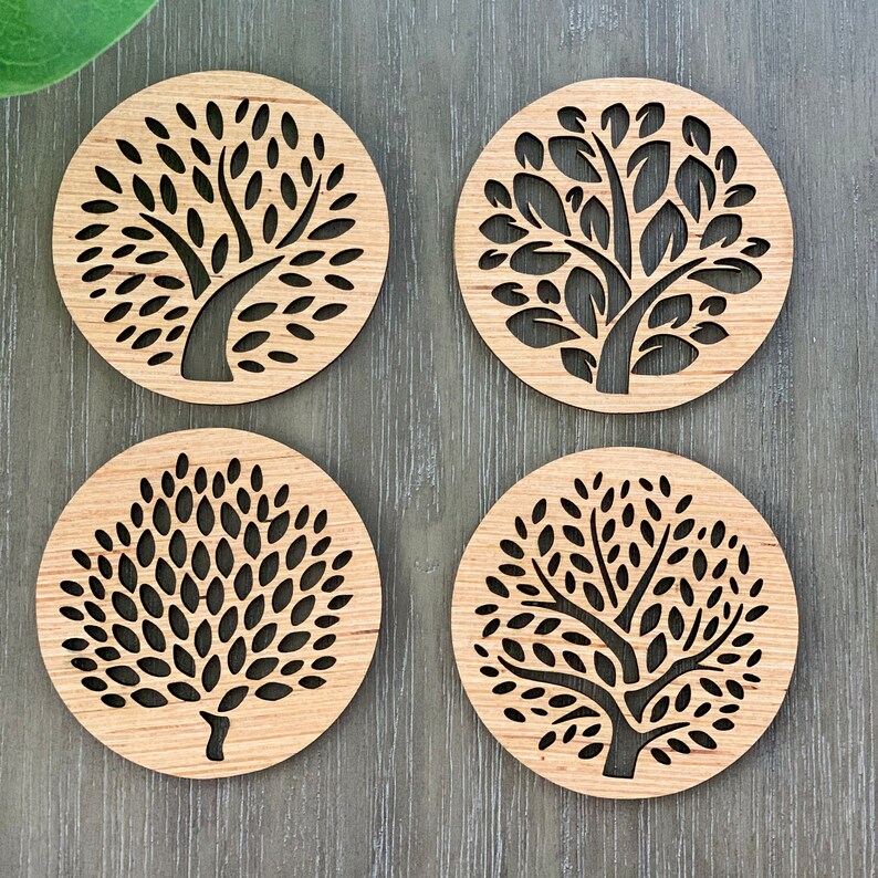 Laser Cut Wood Tree /& Leaf Nature Drink Coasters