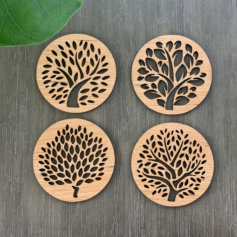 Laser Cut Wood Tree /& Leaf Nature Drink Coasters