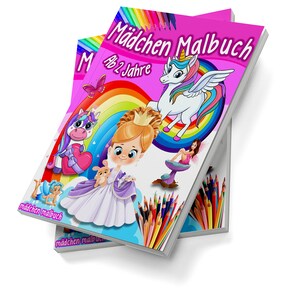 May include: A stack of two pink and white colouring books with a rainbow, unicorn, and princess on the cover. The title of the book is "M&auml;dchen Malbuch Ab 2 Jahre".