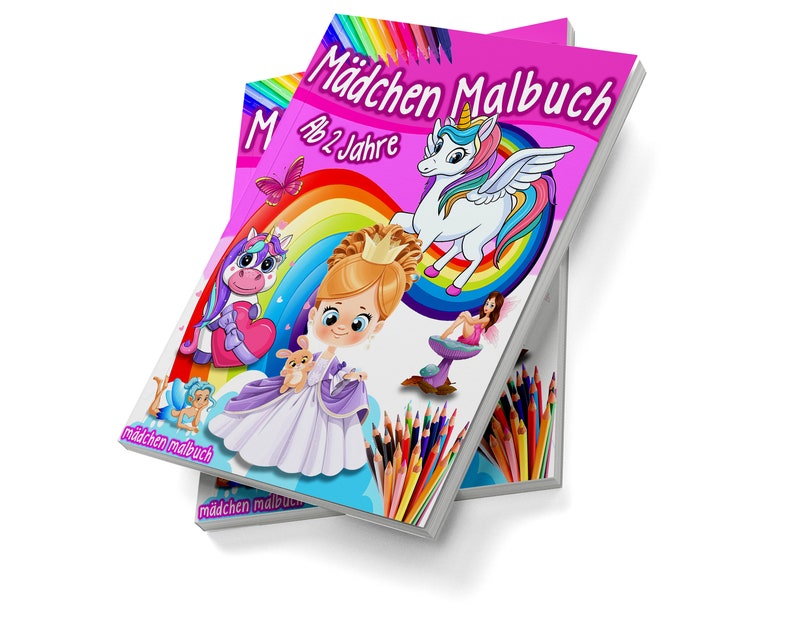 May include: A stack of two pink and white colouring books with a rainbow, unicorn, and princess on the cover. The title of the book is "M&auml;dchen Malbuch Ab 2 Jahre".